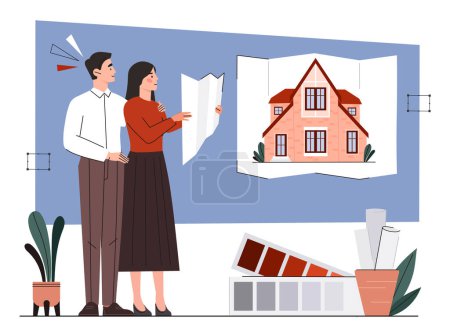 Create your home concept. Man and woman planning future apartment and house. Family dream about real estate and private property. Cartoon flat vector illustration isolated on white background