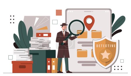 Detective investigate crime. Man with magnifying glass near officer badge. Police officer at workplace. Assesment of evidences. Cartoon flat vector illustration isolated on white background