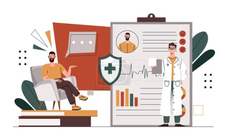 Doctors online consultation. Medical worker with patients cards. Health care, diagnosis and treatment. Mobile application for remote communication. Cartoon flat vector illustration