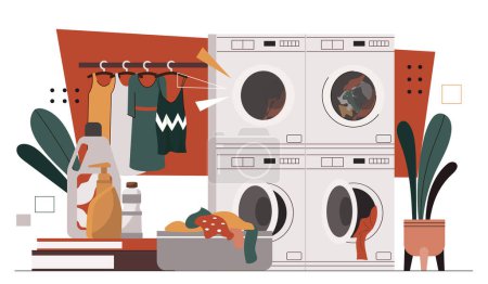 Laundry cleaning scene. Clothes and detergents near washing machines. Cleanliness and hygiene. Routine and household chores. Cartoon flat vector illustration isolated on white background