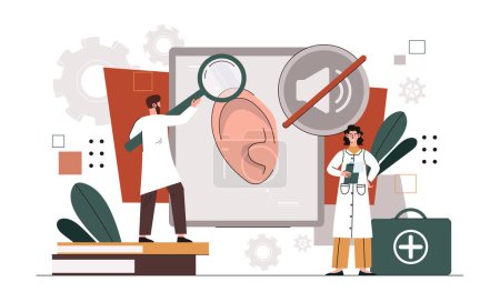 Illustration for Ear deafness concept. Team of doctors conduct research of ear structure. Scientific research. Health care, treatment and medicine. Cartoon flat vector illustration isolated on white background - Royalty Free Image