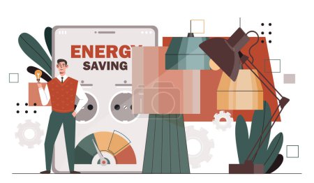 Energy saving man. Electrical efficiency. Care about nature and ecology. Sustainable and zero waste lifestyle. Man with light bulb near eectrical plug. Cartoon flat vector illustration