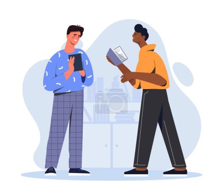 Friends discussing books concept. Two young guys with textbooks or fiction. Discussion about stories. People with love for literature and reading. Cartoon flat vector illustration