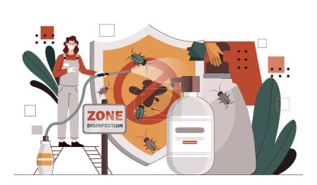 Illustration for Home pest insects concept. Woman in protective uniform with insecticide against mosquitoes. Zone of disenfection. Hygiene indoor. Cartoon flat vector illustration isolated on white background - Royalty Free Image