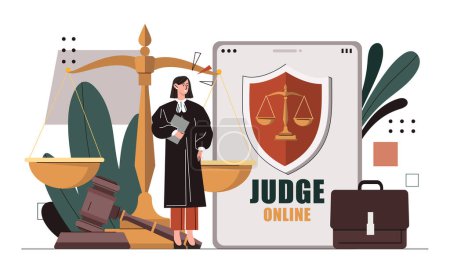 Judge online concept. Laws and democracy. Remote worker. Woman in black coat at background of weights and judges gavel. Cartoon flat vector illustration isolated on white background
