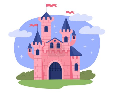 Magical castle concept. Pink old style building. Scene from fairy tale. Imagination, dream and fantasy. Poster or banner. Cartoon flat vector illustration isolated on white background