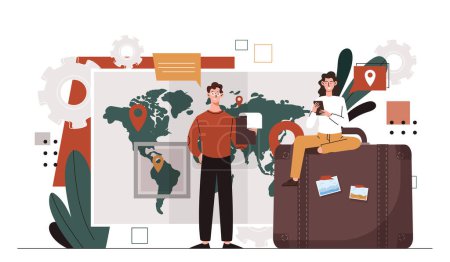 People with migration. Man and woman sitting at big luggage. Tourist and travelers at background of world map. People with relocation. Cartoon flat vector illustration isolated on white background
