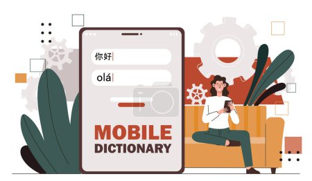 Woman with mobile dictionary. Young girl with smartphone look at vocabulary. Student learn foreign language. Education and training. Cartoon flat vector illustration isolated on white background
