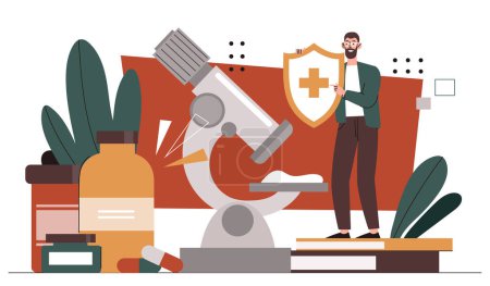 Illustration for Monitoring of medical products. Man with shield near microscope and tablest, pills. Pharmaceutical quality control of drugs. Health care and medicine, treatment. Cartoon flat vector illustration - Royalty Free Image