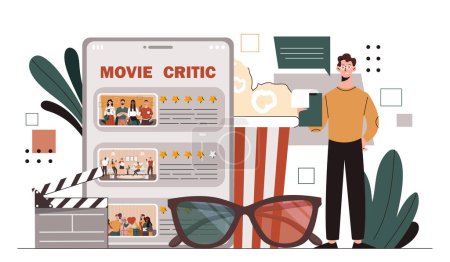 Movie critic concept. Young guy with 3D glasses and pop corn near electronic digital tablet. Character give reviews to fims and series. Cinema industry. Cartoon flat vector illustration