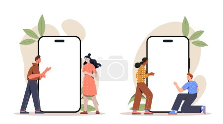 People with smartphones set. Men and women with mobile phone with blank screen. Gadgets and devices. Place for advertising. Cartoon flat vector collection isolated on white background