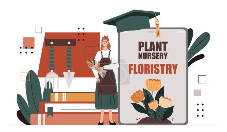 Plant nursery floristry. Woman with garden scissors near flowers. Floristry and botany, agriculture and gardening. Package with seed. Cartoon flat vector illustration isolated on white background