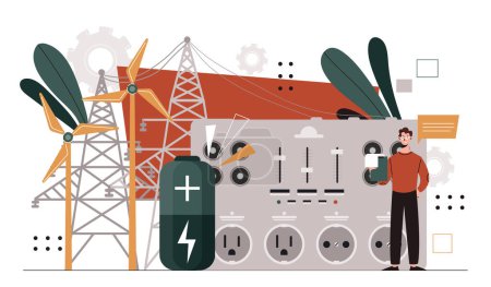 Man with power station. Young guy in glasses at background of battery or accumulator. Sustainable lifestyle and alteranive electricity sources. Care about nature. Cartoon flat vector illustration