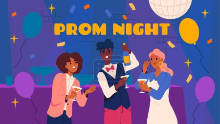 Illustration for Prom night people at disco. Waiter with two women. Nightlife, party and event. Visitors of bar with alcoholic drinks. Greeting postcard template. Cartoon flat vector illustration - Royalty Free Image