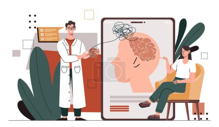 Psychotherapist with client concept. Man in medical coat with tangled woman. Doctor help patient. Mental health and psychology. Cartoon flat vector illustration isolated on white background