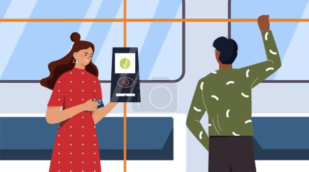 Public transport cashless payment. Woman with banking crad near terminal in bus or train. Modern technologies and innovations. Urban infrastructure. Cartoon flat vector illustration