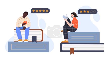 Reader recommendation concept. Man and woman near books with ratings and rankings. Feedback and reviews for readers. Love for literature. Cartoon flat vector illustration isolated on white background