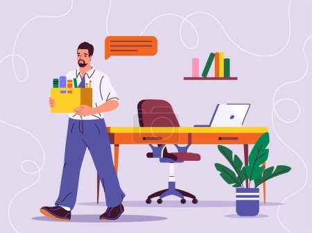 Man with resignation concept. Young guy with cradboard box with books. Worker and employee leave workplace. Jobless person. Cartoon flat vector illustration isolated on blue background