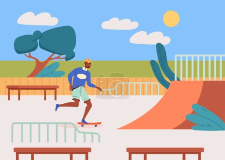 Man in skateboard park. Active lifestyle and leisure. Young guy at skate resting at nature. Urban infrastructure. Character with extreme sports. Cartoon flat vector illustration