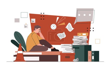 Overworked man concept. Tired worker sitting at books and documents. Mental health problems and emotional burnout. Employee with frustration and depression. Cartoon flat vector illustration