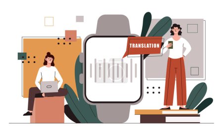 Translator watch concept. Two women with gadgets and devices. Modern technologies and innovations. Application for international communication and interaction. Cartoon flat vector illustration