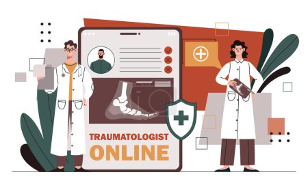 Illustration for Traumatologist online concept. Man and woman in medical uniform near xray of leg. Health care and medicine, treatment. Medical staff treating foot fracture. Cartoon flat vector illustration - Royalty Free Image