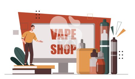 Illustration for Man with vape shop. Young guy with electronic cigarettes and vaporizers. Unhealthy lifestyle and bad habits. Devices for smokers. Cartoon flat vector illustration isolated on white background - Royalty Free Image