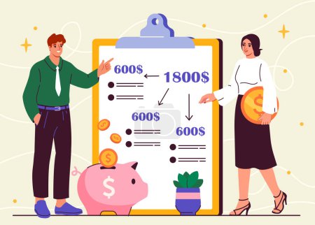 People with budget concept. Man and woman near piggy bank with golden coins. Financial literacy and passive income, economy. Cartoon flat vector illustration isolated on beige background