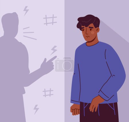 Mann mit Mobbingkonzept. Junger Mann steht in der Nähe von violetter Wand und Hintergrund mit Schatten. Negative Gefühle und Depressionen, Traurigkeit. Cartoon flache Vektordarstellung isoliert auf violettem Hintergrund