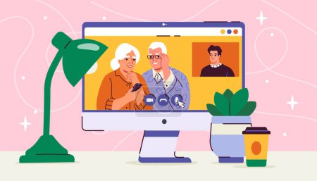 Call with grandparents concept. Coimputer monitor with elderly man and woman huggings. Distance communication and interaction. Cartoon flat vector illustration isolated on pink background