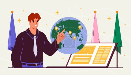 Illustration for Diplomat with planet. Man at background of Earth. Politician with international communications and interactions. Cooperation between countries, global business. Cartoon flat vector illustration - Royalty Free Image
