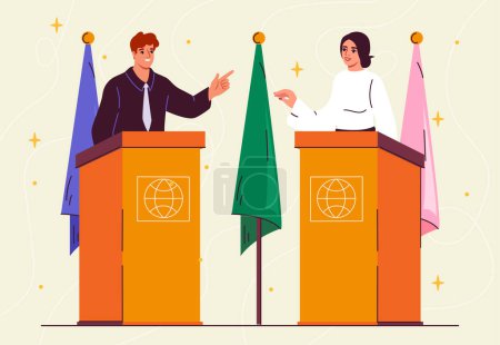 Illustration for Diplomat discussion concept. Man and woman at political debates. Politician discuss global project at press conference. Cartoon flat vector illustration isolated on beige background - Royalty Free Image