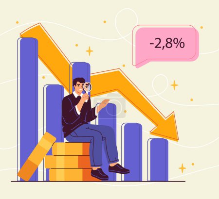 Economy overheating concept. Man sitting and golden coins near slowdown graphs. Bankruptcy and crysis. Recession and depression. Cartoon flat vector illustration isolated on beige background