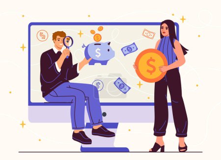 People with frugality. Man and woman with magnifying glass and computer monitor. Financial literacy. Budget and savings. Cartoon flat vector illustration isolated on grey background
