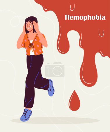 Illustration for Woman with hemophobia concept. Young girl run away from red drips and liquid. Character with fear to blood. Person with mental and psychological problems. Cartoon flat vector illustration - Royalty Free Image