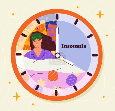 Woman with insomnia concept. Young girl lying at bed in sleeping mask. Rest and relax in bedroom. Recupeartion and rest. Person with mental and psychological problems. Cartoon flat vector illustration