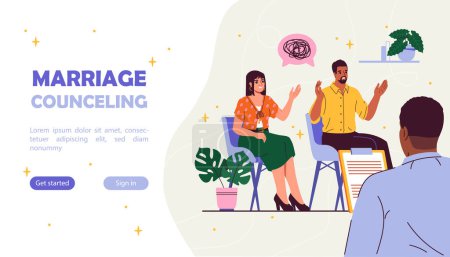 Marriage counseling poster. Man and woman sitting at chairs in psychologist office. Mental health and psychological problems. Landing webpage design. Cartoon flat vector illustration