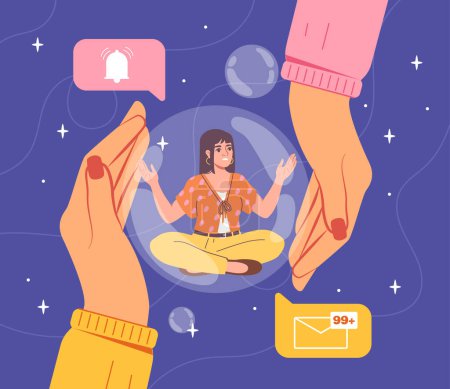 Woman with self isolation. Young girl sitting and soap bubble. Dont disturb. Concentration and organization of workflow. Cartoon flat vector illustration isolated on blue background