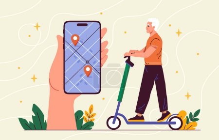 Senior man renting scooter. Elderly person at escooter near smartphone with map. Modern technologies and innovations. Navigation and geolocation. Cartoon flat vector illustration