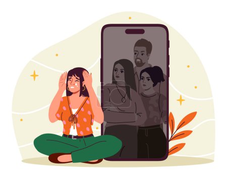 Woman with social phobia. Young girl sitting near smartphone. Introvert with mental and psychological problems. Loneliness, frustration and depression. Cartoon flat vector illustration