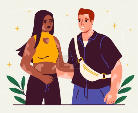 Vitiligo in men and women concept. Young guy and girl with skin problems and diseases. Tolerance and unity, respect. Cartoon flat vector illustration isolated on beige background