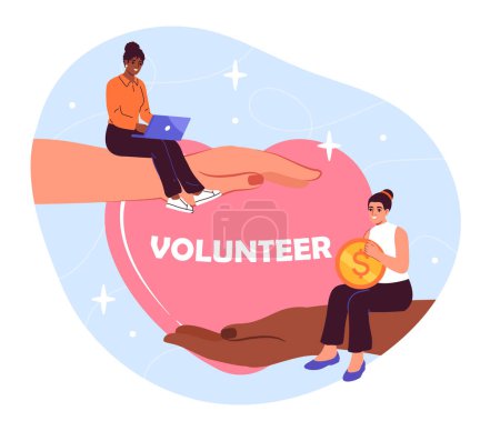 Volunteers with donations concept. Women with laptop and golden coin near big heart. Activists pf charitable foundation. Care and support. Kindness and generosity. Cartoon flat vector illustration