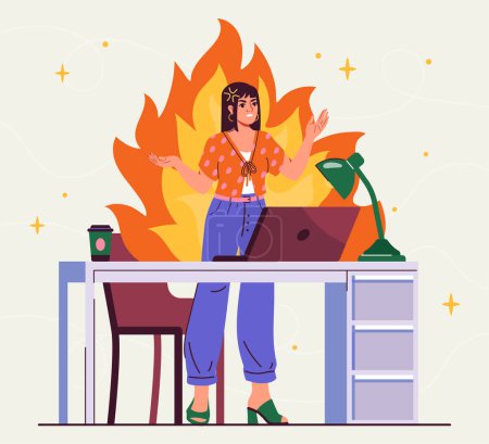 Worker in anger. Woman at fire at workplace. Overworked employee with stress and mental ilness. Negative feelings and emotions. Cartoon flat vector illustraton isolated on white background