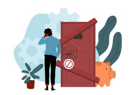 Illustration for Man cannot pass door. Young guy near blocked wooden door with golden piggy bank. Financial obstacles for entrepreneur and businessman. Trader and investor. Cartoon flat vector illustration - Royalty Free Image