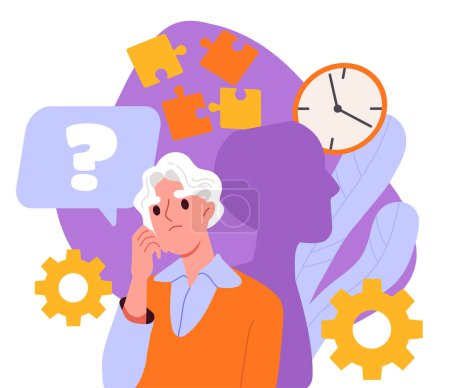 Woman with memory loss. Pensioner with brain diseases, alzheimer. Health care and treatment. Grandmother near silhouette of head and colorful puzzles. Cartoon flat vector illustration