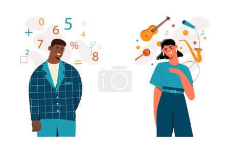 Illustration for Mindset type set. Man with logical type of thinking and woman with creative mind. Numbers versus musical instruments. Cartoon flat vector collection isolated on white background - Royalty Free Image