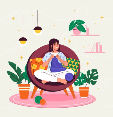 Woman with minimalist room design. Young girl sitting at chair with sewing items. Hobby and leisure indoor. Seamstress at home. Cartoon flat vector illustraton isolated on beige background