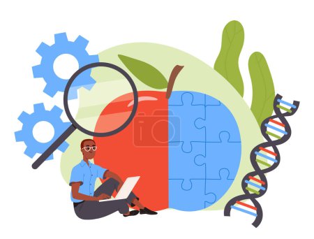 Illustration for Man with modified apple. Genetic engineering and biotechnology. Modern technologies and innovations. Structure of DNA and molecule. Biology and anatomy. Cartoon flat vector illustration - Royalty Free Image