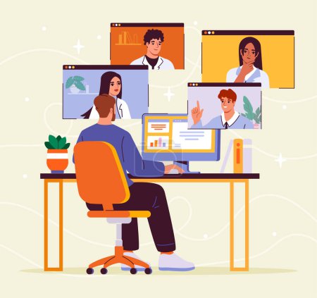 Consultation with doctors online. Man at video call with medical workers in uniform. Health care, treatment and medicine. Remote advices from specialists. Cartoon flat vector illustraton