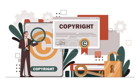 Copyright intellectual property concept. Man with magnifying glass near articles. Creativity and art. Taleted author and typewriter. Cartoon flat vector illustration isolated on white background